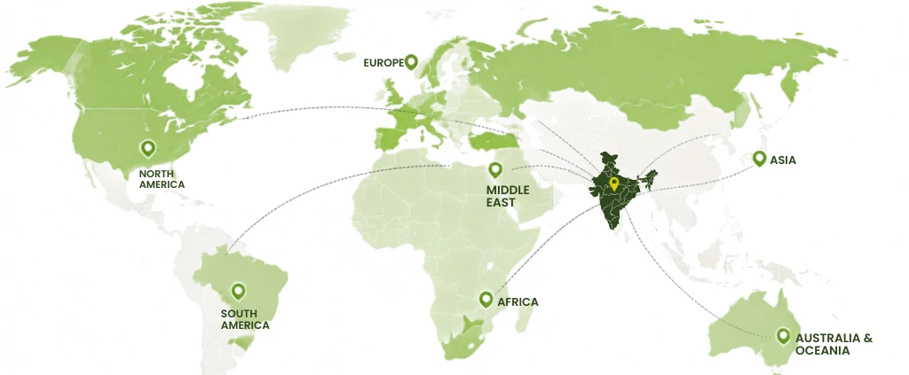 World map showing Rapid Organic export reach from India to North America, South America, Europe, Middle East, Africa, Asia, and Australia & Oceania.